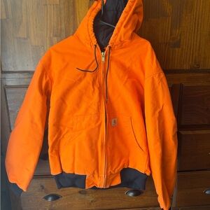 Carhartt Jacket Mens L Orange Blaze BLZ Hooded Full Zip Made in USA J140